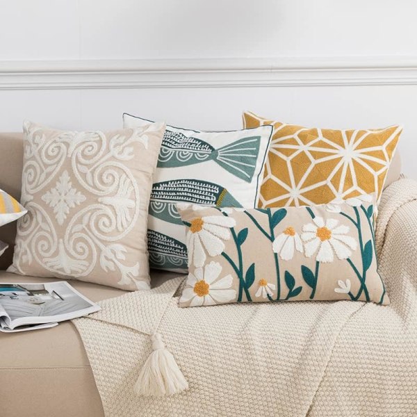 Boho Blommig Tuftad Dekorativ Kuddfodral Botaniskt Broderad Bomullskuddfodral för Soffa Säng (Blomma E, 18\"x18\")
