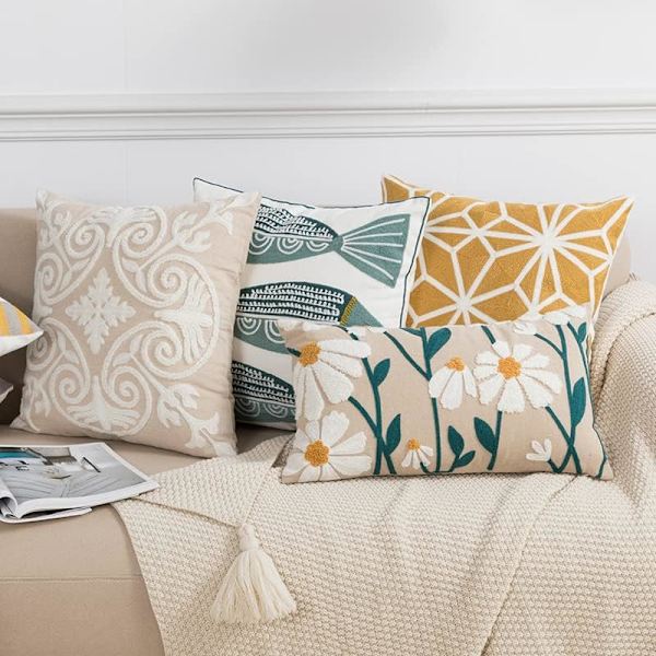 Brodert bomullsdekorativ putetrekk søtt dyremønster putetrekk for sofa seng (fisk, 18\"x18\")