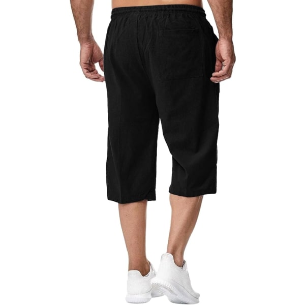 Herr 3/4 linnebyxor Capribyxor med elastisk midja, lediga, baggy haremsbyxor, sommarstrand, yogashorts, korta byxor