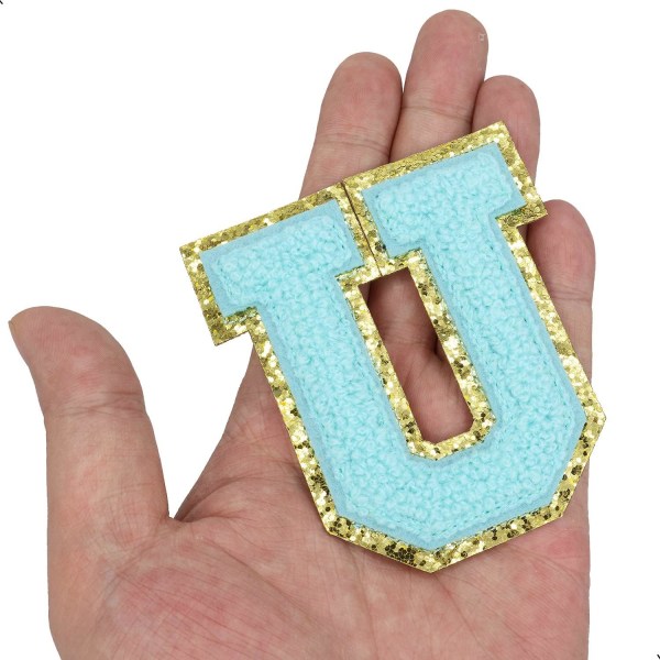 Engelska bokstaven U Stryk på reparationslappar Alfabetsömnad Applikationer Klädmärken, med guldglitterkant, självhäftande bakdekal（Blå U）UBlå