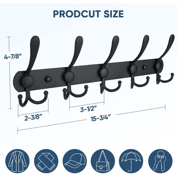 Vægmonteret knagerække, fem kraftige tri-kroge i helmetal til jakke, frakke og hat i entreen (matsort, 2-pak)