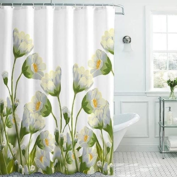 Bruseforhæng Landlig Hvid Blomster En Spirende Daisy Vandtæt Stof Bruseforhæng Sæt til Badeværelse 12stk Kroge(60x72inches) Hvid Grøn