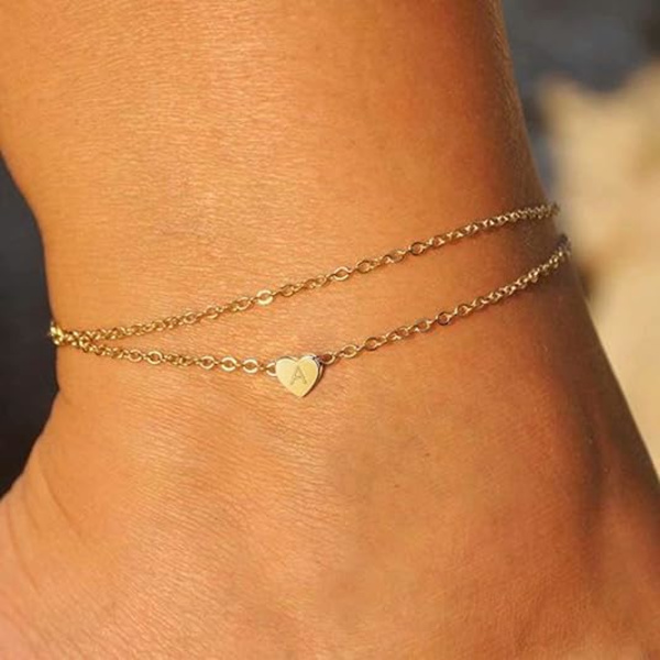 14K Guldpläterad Handgjord Delikat Lagrad Anklet Brev Initial Hjärta Fotlänk Armband för Kvinnor Strand Smycken Gåvor