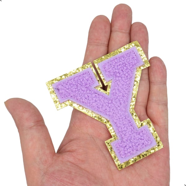 Engelska bokstaven Y Stryk på reparationslappar Alfabetsömnad Applikationer Klädmärken, med guldglitterkant, självhäftande bakdekal（Lila Y）YLila
