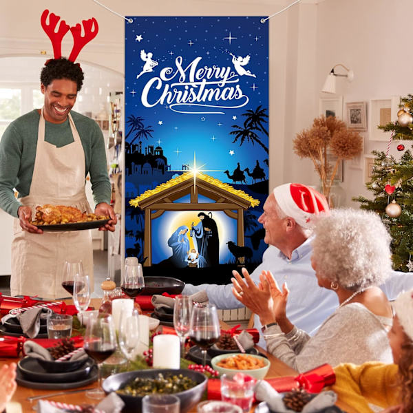 Julkrubba Jul Dörröversiktsdekorationer, Jesus Heliga Natt Jul Tyg Dörrdekorationer Verandaskylt Julscener 71x35 Tum