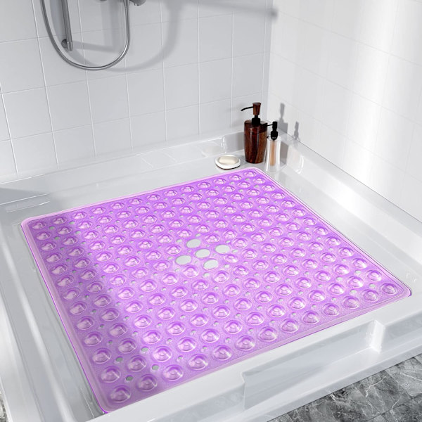 Dusjbadematte sklisikker, 21x21 tommer, myk firkantet badematte for badekar med sugekopper og dreneringshull, stallgulvmatter for baderom, klar lilla
