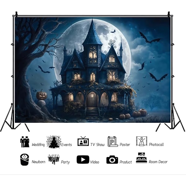 Halloween-teeman tausta Kauhu Hautakivi Lepakko Valokuvaustausta Pelottava Kuolleet Oksat Yöllä Sumuisessa Linna vauvalle ja aikuisille 7x5ft