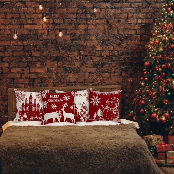 Juleputetrekk 45x45cm, 4-pak juledekorativ sofa i bomull og lin julepynt rød