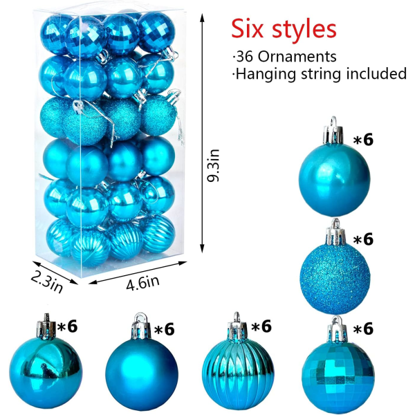 Julgranskulor krossäkra julgransdekorationer julgranskulor prydnader 1,6\" (4 cm) 36-delad uppsättning (sjöblå) julgransprydnader