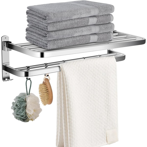 60cm Foldbar Dobbelt Lag Håndklædeholder Rustfrit Stål Væghængt Håndklædeholder Multifunktion Håndklædehylde med 5 Kroge  60 x 24 x 18 cm