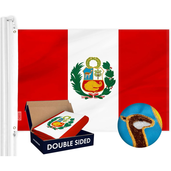 – Peru (peruansk) flagga | 3x5 fot | Dubbelsidig broderad 210D – inomhus/utomhus, mässingshylsor, kraftig polyester