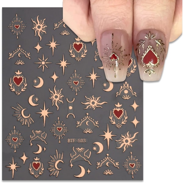 3 ST 3D nagelklistermärken för nail art, roséguld klistermärken Sun Moon Star Nageldekaler Självhäftande hjärta nail art