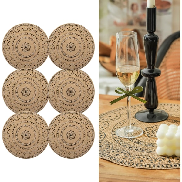 Sett med 6 Boho PVC runde dekkebrikker for spisebord Mandala bordmatter Vaskbare varmebestandige dekkebrikker Jute Retro bord(E)