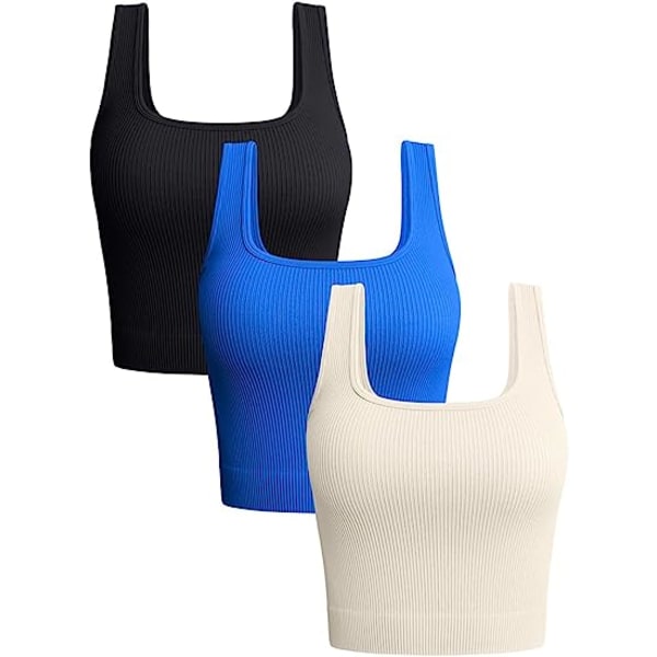 3-delt tanktop for kvinner Ribbete sømløse treningsskjorter Yoga Crop Tops (stor)