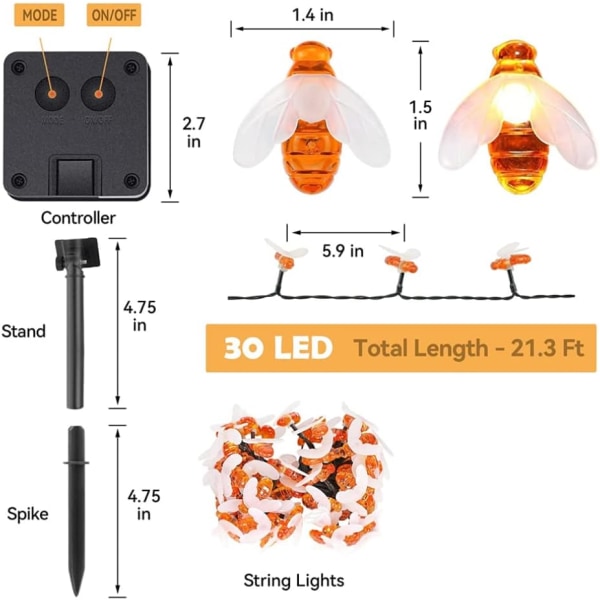 Solcelledrevne havelamper, honningbi-fe-lyskæde, 30 LED 6,5 m vandtætte havelamper til juledekoration varm hvid Halloween