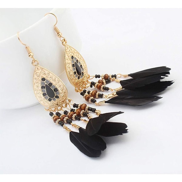 Bohemian fjer lange øreringe Boho Chic Dangle øreringe eksotisk stil kvast håndlavede super lette fjer fisk krog øreringe til piger kvinder