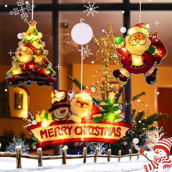 3 PCS Lighted Christmas Window Silhouette Decoration Light up Santa Claus Christmas Tree Merry Christmas Battery Operated with Suction