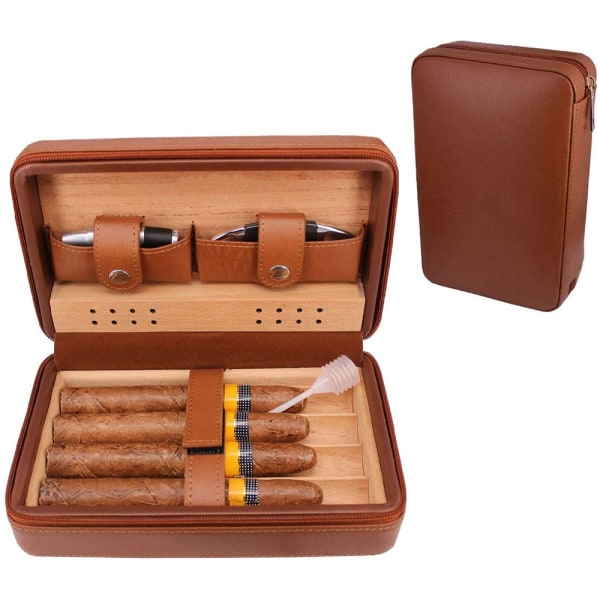 Læder rejse cigar humidor etui, bærbar cedertræ med befugter til 4 cigarer