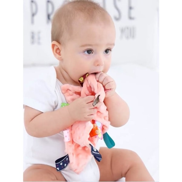 Babymerker sikkerhetstepper - beroligende plysjteppe til baby med fargerike tagger, 10"X10" firkantede sensoriske leker-oransje
