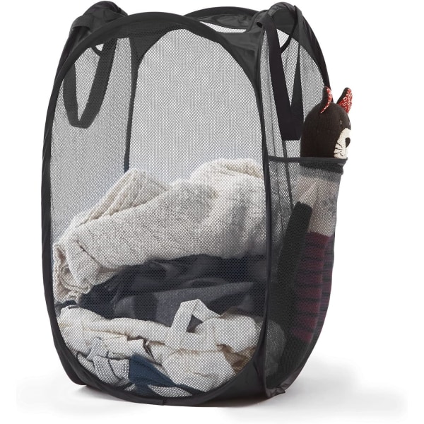 Mesh Pop Up Vaskeri Kurv med Holdbare Håndtak - Bærbar Sammenleggbar Klær Kurver for Sovesal, Bad & Reise (Svart)