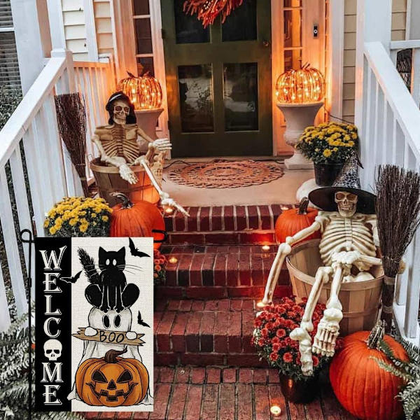 Halloween-aaveinen kissan Boo-puutarhalippu 12x18 tuumaa Pieni kaksisivuinen pellavamainen Tervetuloa Kausiloma Piha Ulkona