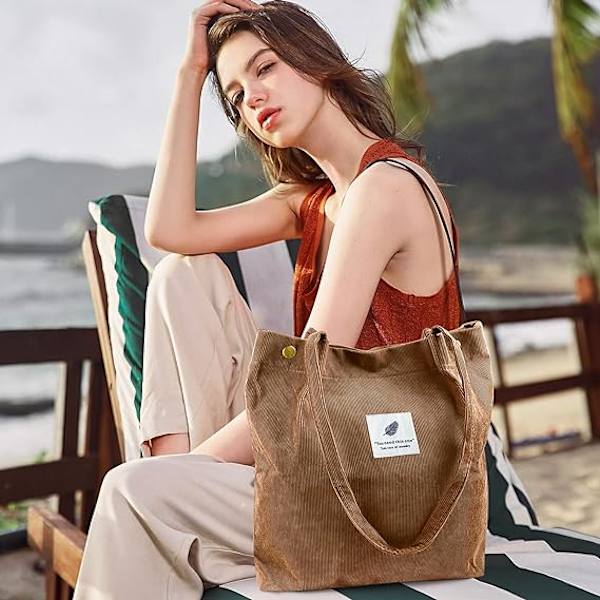 Cordfløyel Tote Bag for Kvinner Lerretet Skulder Cord Veske med Innerlomme
