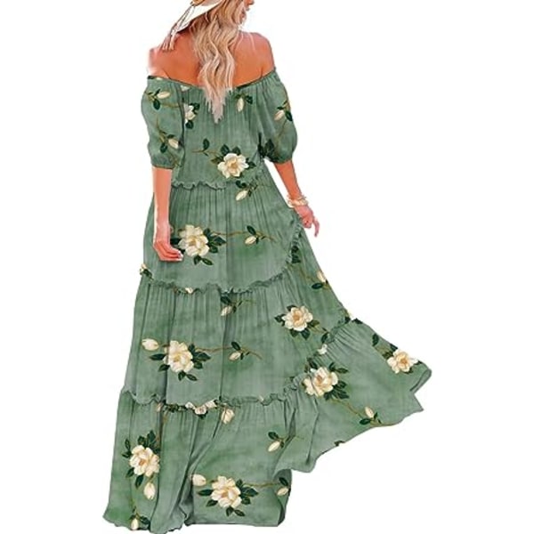Kvinnors sommar Casual Off Shoulder Maxiklänning Puff Kortärmad Bohemian Floral Long Swing Dress E06