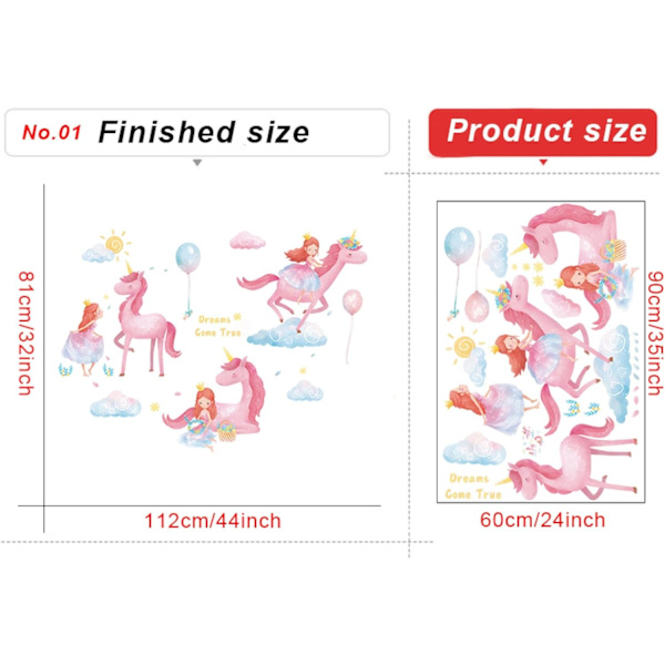 Pink Unicorn Wall Stickers Girls Bedroom Wall Decor Decals Pretty Princess Cartoon Wall Sticker for Kids Room Baby Room Decor - -