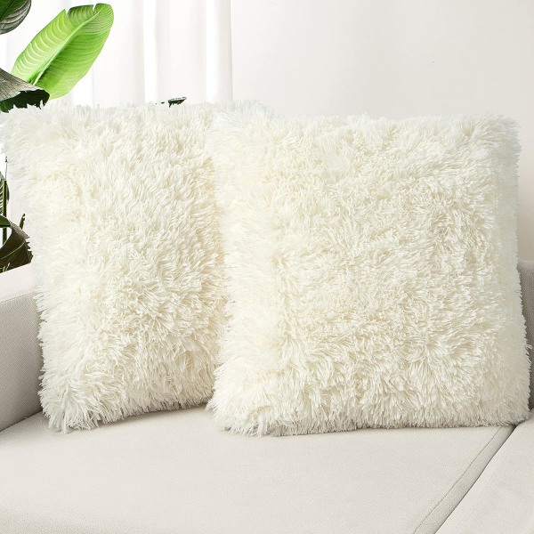 Et sæt med 2 pudebetræk, 18x18 cremehvidt fluffy pudebetræk, deluxe kunstpels firkantet sofa pudebetræk, sofa stue soveværelse uden pudebetræk