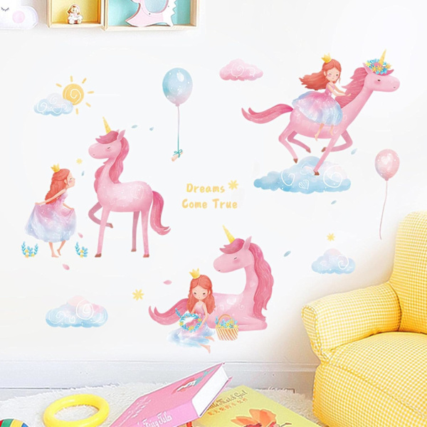 Pink Unicorn Wall Stickers Girls Bedroom Wall Decor Decals Pretty Princess Cartoon Wall Sticker for Kids Room Baby Room Decor - -