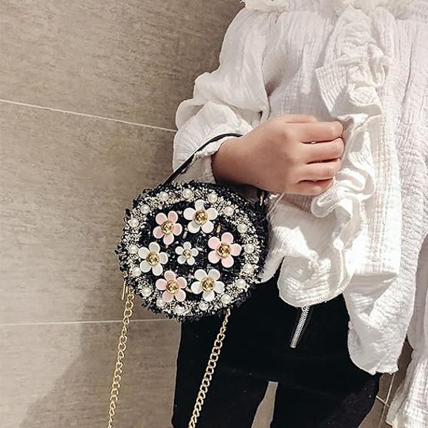 Lille pige toddler crossbody taske med perleblomster mini søde prinsesse håndtasker skulderkæde taske
