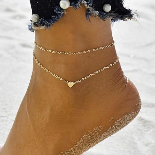 14K Guldpläterad Handgjord Delikat Lagrad Anklet Brev Initial Hjärta Fotlänk Armband för Kvinnor Strand Smycken Gåvor