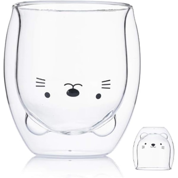 Kattekrus Søte krus Glass dobbelvegg isolert glass espressokopp, Kawaii-kopp, beste gave til kontor og personlig bursdagsjul (katt)