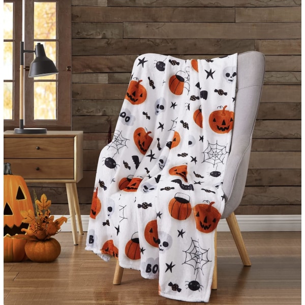 Halloween tæppe: Fuzzy Boo! Jack O'Lantern edderkoppespind kranie og sorte katte print på fløjls fleece til sofa seng sofa stol sovesal