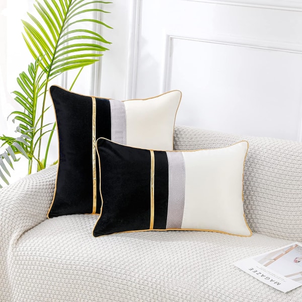 Patchwork Black Silk-Like Velvet Throw Pillow Cover with Gold Striped Leather Cushion Case Modern Luxury Lumbar Pillowcase,12x20 inch