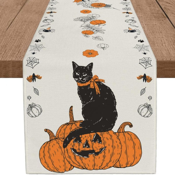 Halloween Black Cat Bordslöpare Jack-O-Lantern Höst Orange Pumpa Burlap Höst Säsong Bordlöpare Kök (13x72 tum)