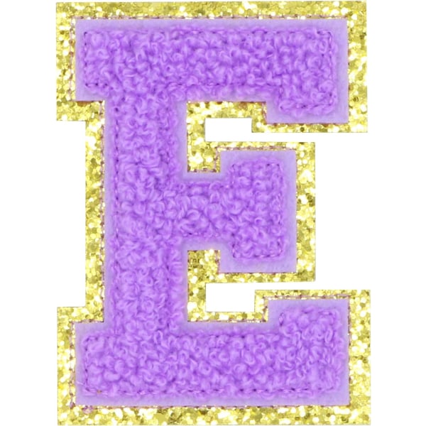 Engelsk bogstav E Stryg på reparationslapper Alfabetsyning Applikationer Tøjmærker, med guldglitterkant, selvklæbende bagklistermærke（lilla E）EPlilla