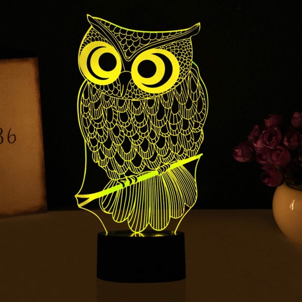 Ugle nattlys 3D optisk illusjon bordlampe for barn, USB-bryter berøring 7 farger skiftende leker soveromdekor