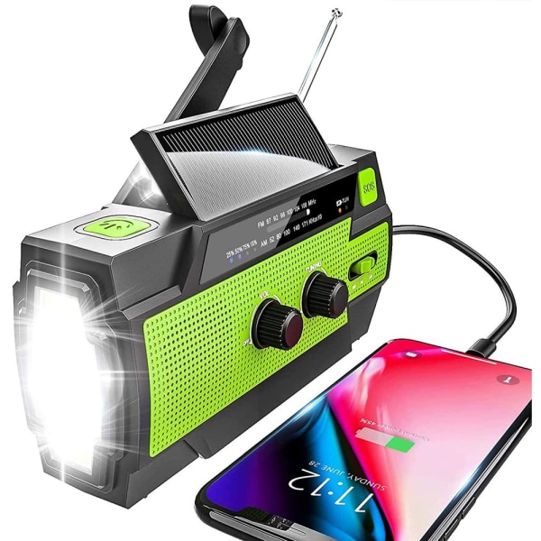 Solradio, bärbar USB nödradio med 4000 mAh uppladdningsbart batteri, LED-ficklampa för camping, resor (grön)