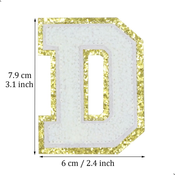 Engelska bokstaven D strykjärnslappar bokstavssymboler sömnadsapplikationer klädmärken, med guldglitterkant, självhäftande baksidesdekal (vit D) DVit