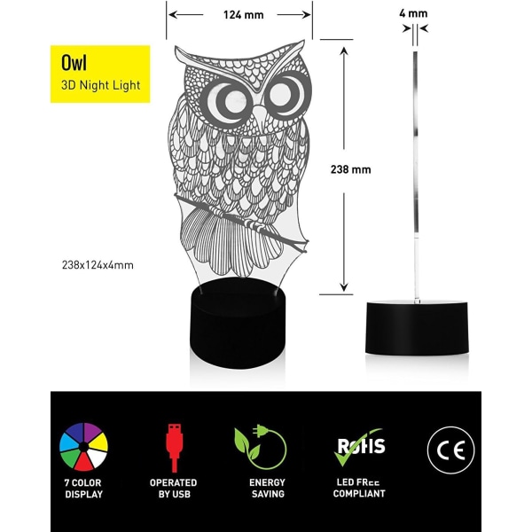 Ugle nattlys 3D optisk illusjon bordlampe for barn, USB-bryter berøring 7 farger skiftende leker soveromdekor