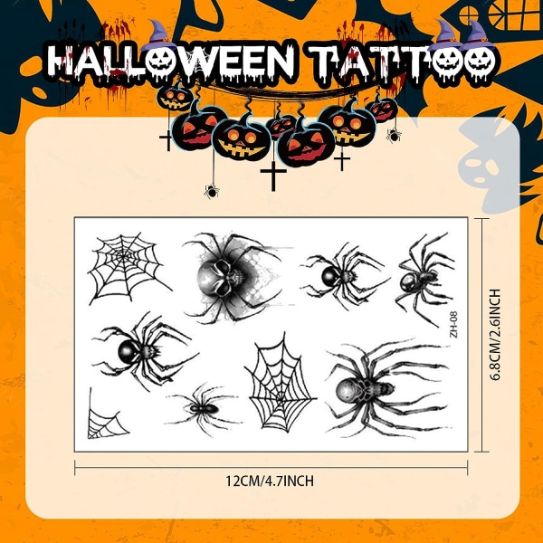 Halloween spindel tillfälliga tatueringar, ansikts spindel spindelnät tatuering Realistisk svart skräck makeup häxa, bus dekorationer (10 ark)