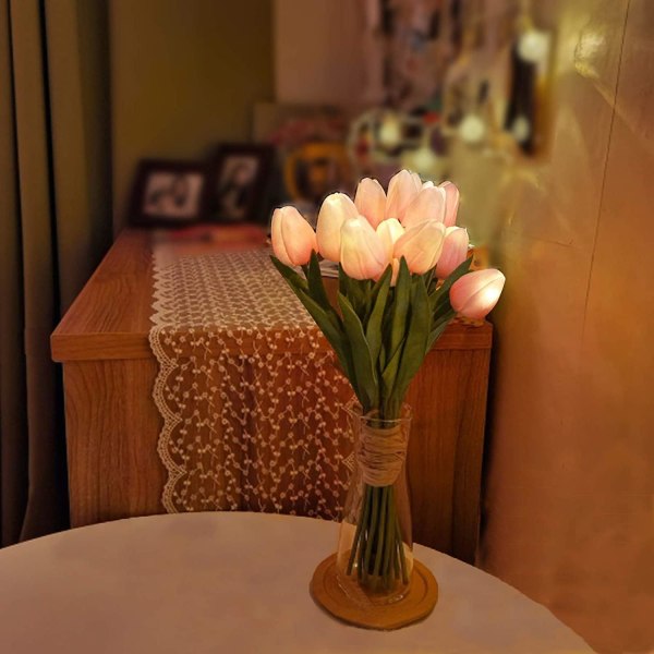 12 st Tulpaner konstgjorda blommor med LED-ljus, Real Touch falsk bukett för heminredning, bordslampa, nattlampa, jul, batteridriven