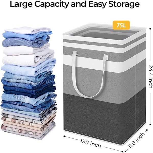 1-pakkaus suuri pyykkikori, vedenpitävä, vapaasti seisova pyykkikori, kokoontaitettava korkea pyykkikori pidennetyllä (Gradient Grey, 75L)
