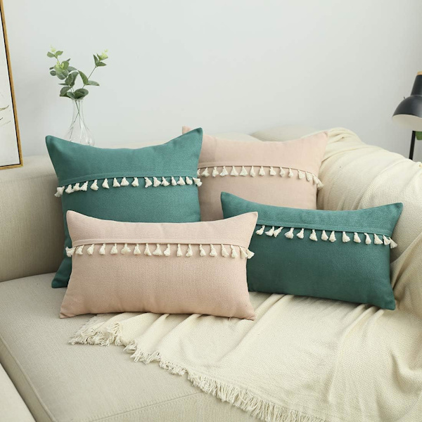 Boho dekorativt kuddfodral med tofsar för soffa säng soffa supermjukt enfärgat accentkuddfodral (YH rosa, 12\"x20\")
