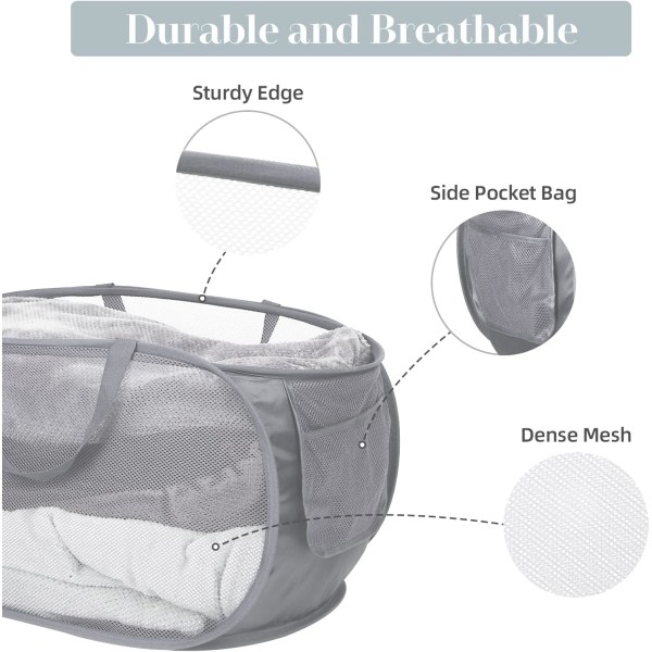 Holdbare sammenklappelige vasketøjskurve, pop-up-mesh-vasketøjskurve med sidelomme, sammenfoldelig tøjopbevaring, grå