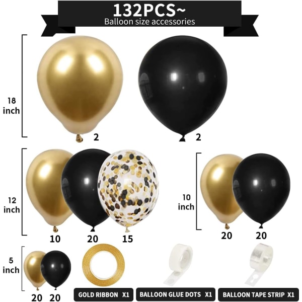 Svart guld ballonger girland kit, 132 st guld metalliska och svarta konfetti ballonger för födelsedagen 2023 examen bröllopsdag förlovning