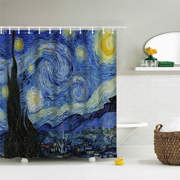 Stjernenat Brusergardin til Badeværelse med Kroge, Van Gogh Stjerner Kunst Dekorativ Lang Stof Bruseforhæng Badeværelse Dekorationer - 71Wx72L, Blå