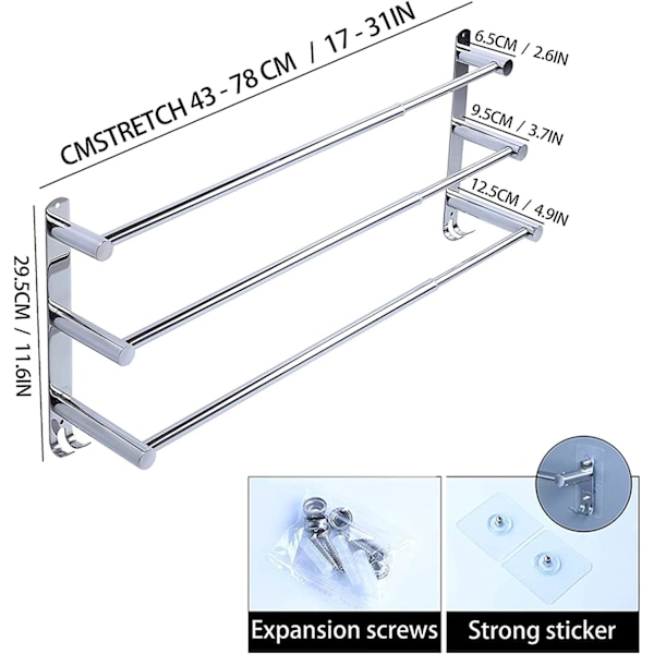 Rostfritt stål badrumshandduksställ, Retractable väggmonterade handduksstänger, självhäftande handduksställ nivåer utan (Silver 3 lager)