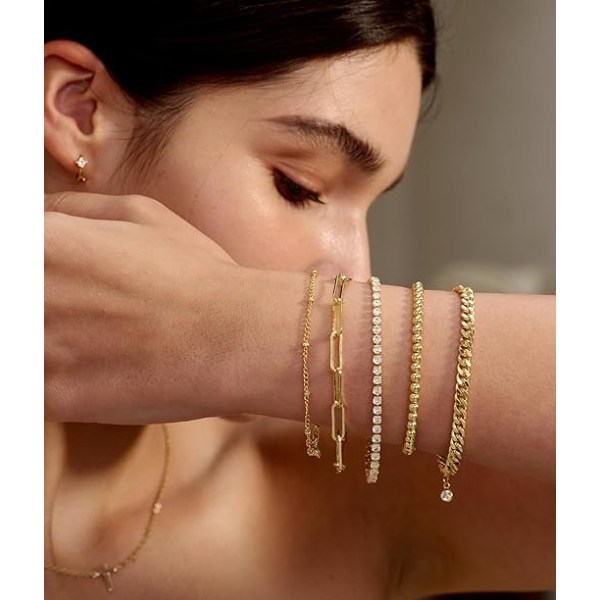 Guldarmband för kvinnor, 14K äkta guld smyckesset för kvinnor Söta tennispärlarmband för kvinnor Kubansk länk med gemskedja